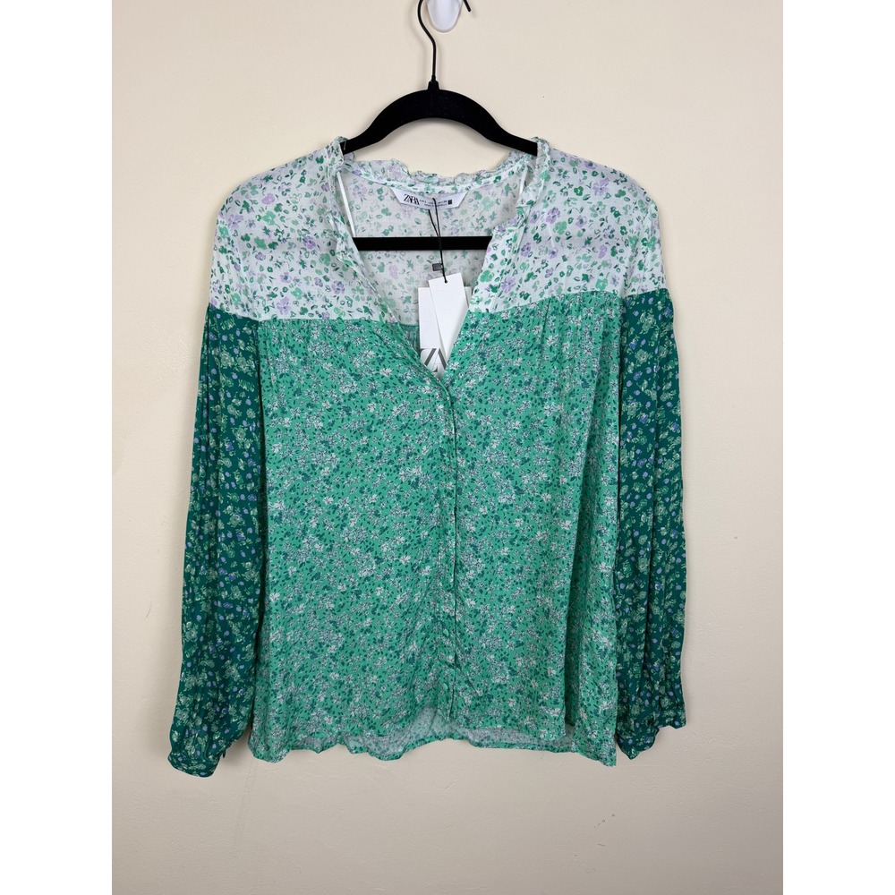 NWT Zara Floral Patchwork Blouse Green Purple Ruffle Neck Top L